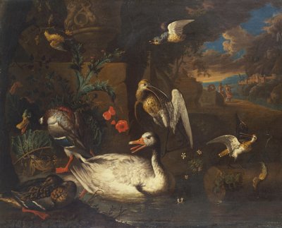 Wild Fowl in a Landscape and Figures by Adriaen van Oolen