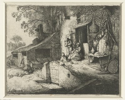 Spinning Woman in Front of a House by Adriaen van Ostade (signed by artist)