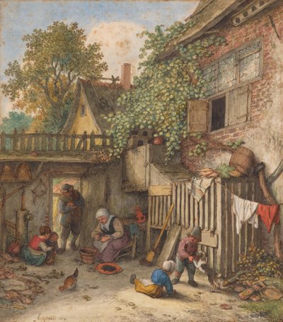 Courtyard with a Woman Cleaning Mussels by Adriaen van Ostade