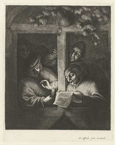 Three Men Singing from a Sheet of Paper by Candlelight in an Open Window (series title: The Rhetoricians) by Adriaen van Ostade
