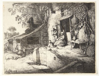 Woman Spinning in Front of a Farmhouse by Adriaen van Ostade