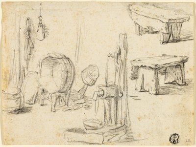 Sketches of Pump, Washtub, Benches by Adriaen van Ostade