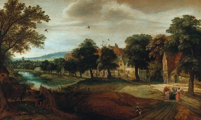 A wooded river landscape with village buildings and Abraham and the Three Angels by Adriaen van Stalbemt