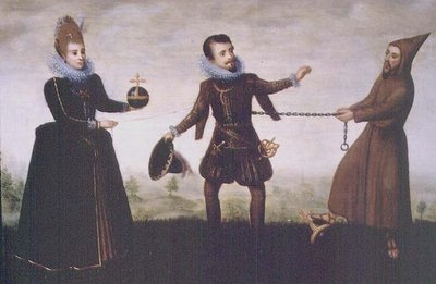 Satire on the Archduke Albert the Pious Renouncing His Archbishopric of Toledo in Order to Marry the Infanta Isabella Clara Eugenia in 1598 by Adriaen van de (workshop of) Venne