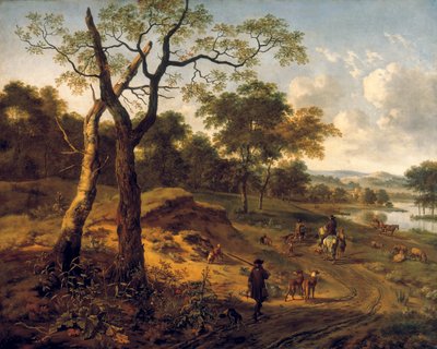 Wooded Evening Landscape with a Hunter and Dogs by Adriaen van de Velda