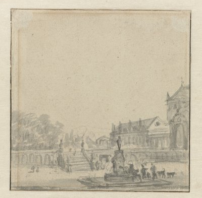Courtyard of a Palace with a Fountain by Adriaen van de Velde (possibly)