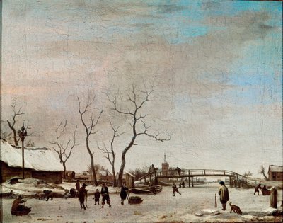 Frozen river with skaters by Adriaen van de Velde