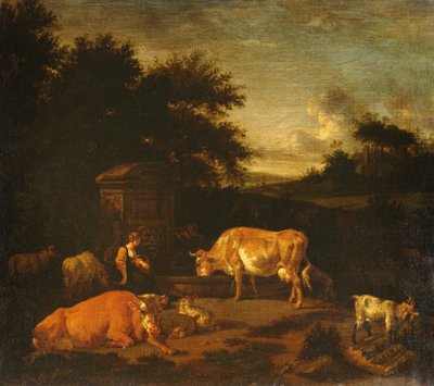 Shepherdess and a Drover with their Flocks by a Classical Fountain in a Wooded Landscape by Adriaen van de Velde