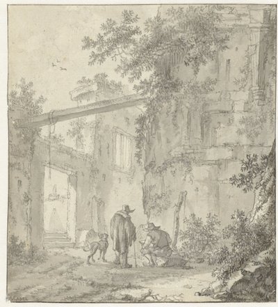 View of Ancient Ruins with a Draughtsman, His Companion and a Dog by Adriaen van der Kabel