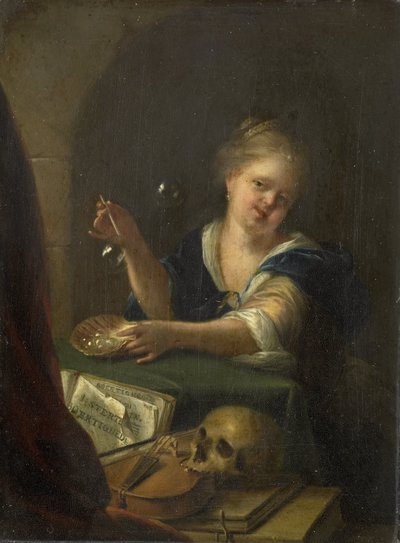 Bubble-blowing Girl with a Vanitas Still Life by Adriaen van der Werff (manner of)