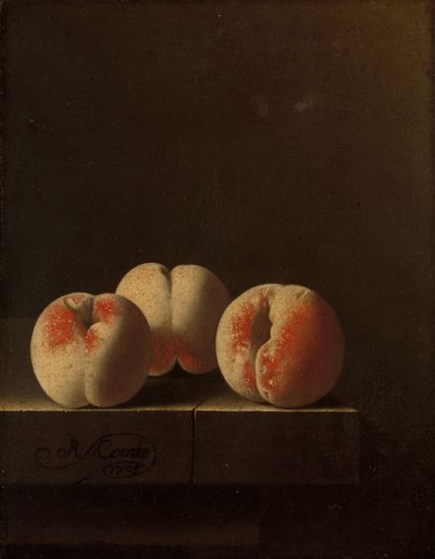 Three Peaches on a Stone Plinth, 1705 by Adrian Coorte