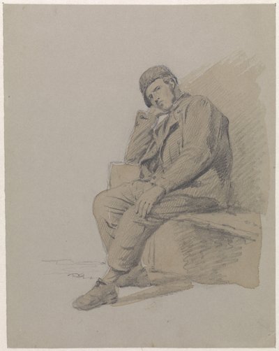 Figure Study of a Seated Man with a Cap by Adrianus Eversen