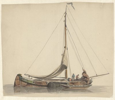 Two Men Working on a Flatboat with Lowered Sails by Adrianus Eversen