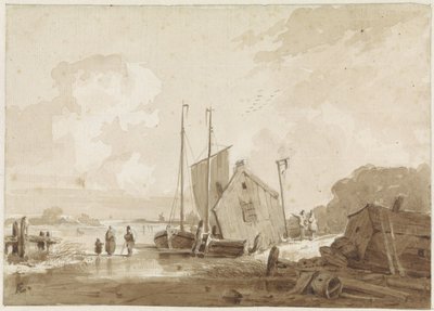 Winter Scene with Figures by Boats at a Boathouse by Adrianus Eversen