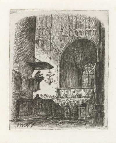 Church Interior with Service by Adrianus Wilhelmus Nieuwenhuyzen