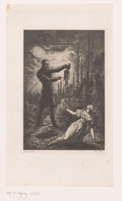 Night Scene with a Man Showing a Baby Skeleton to a Young Woman by an Open Grave by Adrien Aubry