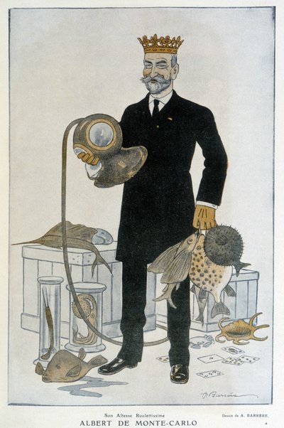 Albert 1er de Monaco (1848-1922), founder of the Oceanographic Museum of Monte Carlo - Illustration by Adrien Barrere (1877-1931) In Fantasio on 15/04/1914 by Adrien Barrere