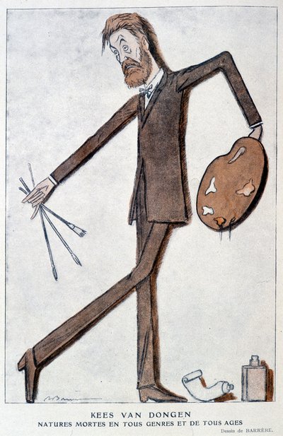 Cartoon about Kees Van Dongen, French painter of German origin. Drawing by Barrère, in “Fantasio” from 15/10/1921 by Adrien Barrere