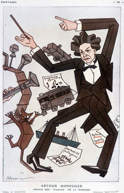 Cartoon of Arthur Honegger Prince of the Fauves of Music, Swiss composer (1892-1955) - by Barrère, in Fantasio from 01/01/1930 by Adrien Barrere