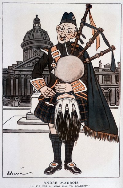 Cartoon in Academician by André Maurois (pseudonym of Emile Herzog), French novelist, essayist and historian (1885-1967) - by Barrère, in Fantasio of 15/04/1929 by Adrien Barrere