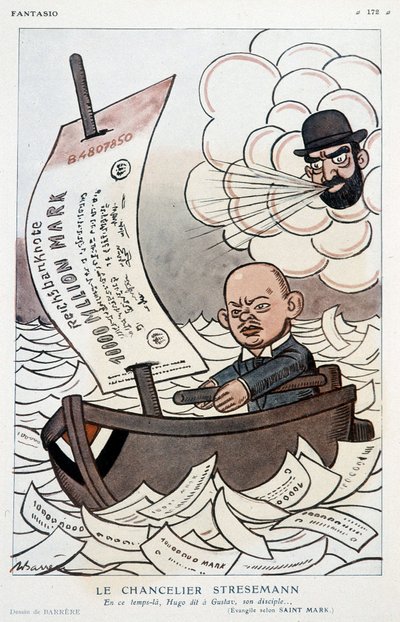 Cartoon on the German Chancellor Gustav Stresemann and the Devaluation of the Mark - Illustration by Adrien Barrere in 