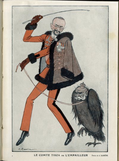 Illustration of A Barrere (1874-1931) in Fantasio, 01/04/15 - Count Tisza or the stuffer - War of 14-18, Austria, Hungary - Eagle, Francois-Joseph 1st of Austria, Tisza Istvan - Animalisation by Adrien Barrere