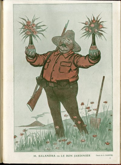 Illustration of A Barrere in Fantasio, 01/06/15 - Mr. Salandra or the Good Gardener - War of 14-18, Italy, Wine, Neutrality, Flowers, Volcanic eruptions, Chairman of the Council, Trieste - Salandra Antonio by Adrien Barrere