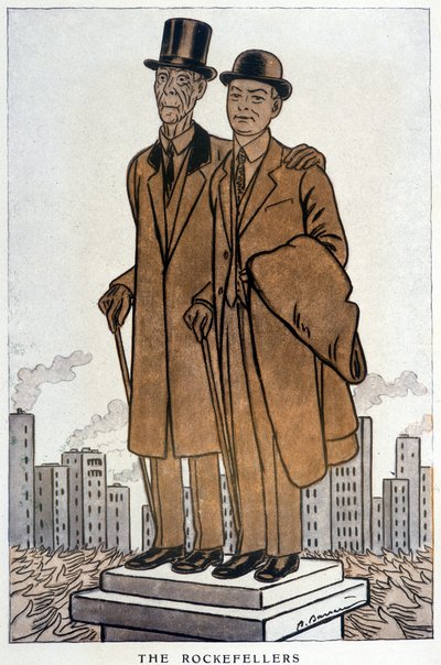 Les Rockefellers, senior and junior, american cresus - Illustration by Adrien Barrere (1877-1931) in 
