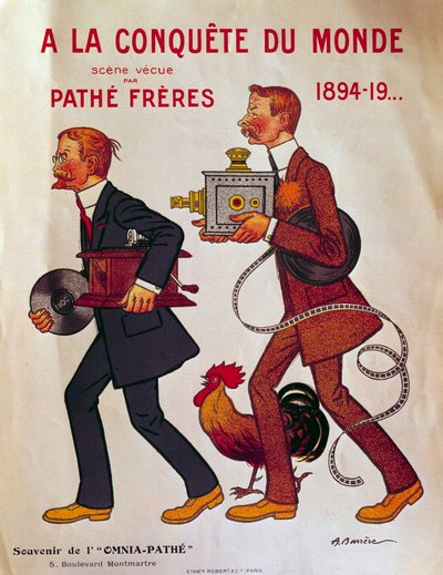 Poster about the Pathe brothers: A la conquete du monde. Charles Pathe and his brother Emile wearing phonographs and projectors. Illustration of Adrien Barrere by Adrien Barrere