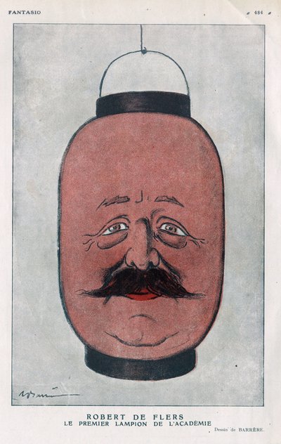 Robert Pelleve de La Motte-Ango, Marquis de Flers, French playwright (1872-1927). (The first lantern of the academy). Cartoon by Barrere in 