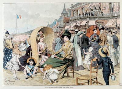 An Elegant Beach. Charming Ladies with Their Children Among a Crowd Entertaining on a Beach in France. Engraving by Adrien Marie by Adrien Emmanuel Marie