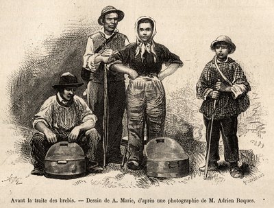 Before the sheep trade, all the staff of the farm were employed on this spot, boy, servant, under the supervision of the shepherd, milk was collected in the seilles (metal vase etame), engraving after a drawing by A. Marie, illustrating a journey to Roquef by Adrien Emmanuel Marie