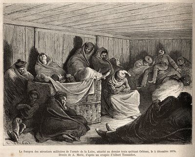 The interior of the van of the military aeronauts of the Loire army, all asleep, attached to the last train leaving Orleans on 5 December 1870, engraving after a drawing by A. Marie illustrating a study on airshipwrecks by Adrien Emmanuel Marie