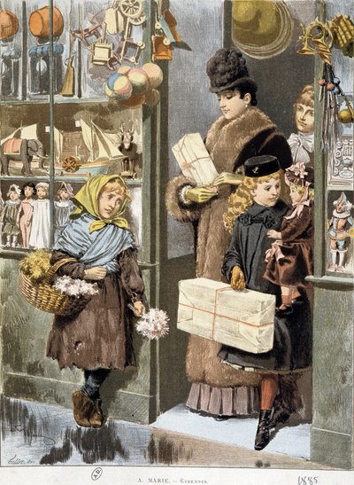 Poor girl selling small bouquets at the exit of a toy store where rich people come out (shopping for Christmas?) - drawing by Adrien Marie by Adrien Emmanuel Marie