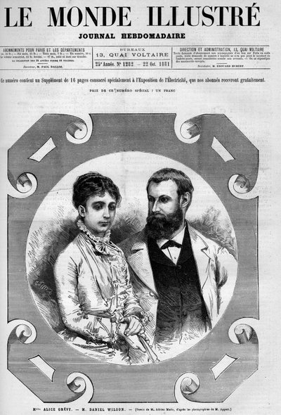 Portrait of Daniel Wilson (1840-1919), French politician with his wife, Alice Grevy. Engraving by Adrien Marie. One of 