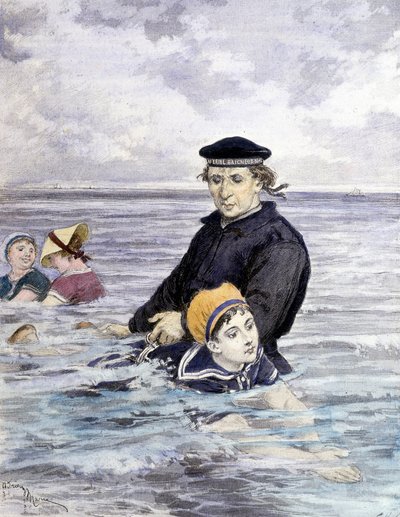 Swimming lesson - drawing by Adrien Marie (1848 - 1891), late 19th century by Adrien Emmanuel Marie