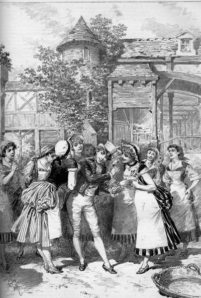 The beautiful Nicolas surrounded by the girls of the village. Juliette Simon-Girard (Simon Girard) (1859-1959) in the role of Nicolas for the opera 