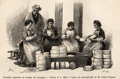 The first operation of the scraping of the cheeses, eight days after the winery, the down that grew on the surface of the cheese is removed to allow better contact with the fresh air of the cellar, which is removed is used to feed the cattle, engraving aft by Adrien Emmanuel Marie