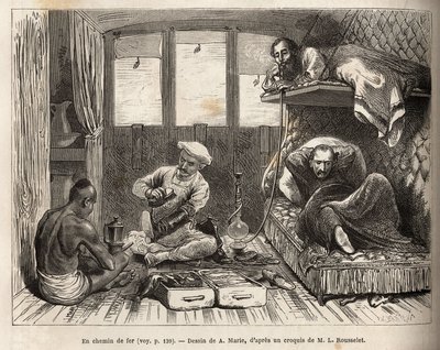 The interior of an East Indian Railway railway bed wagon by Adrien Emmanuel Marie