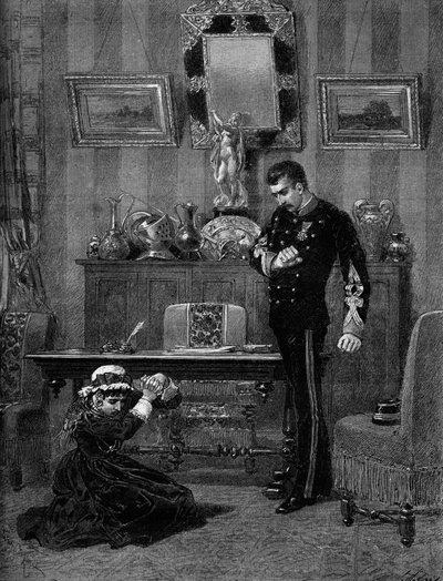 Theatrical representation: “The son of Coralie” by Albert Delpit with Aimee Jeanne Tessandier (Coralie) and Lucien Guitry (Daniel). Paris, Theatre du Gymnasium by Adrien Emmanuel Marie
