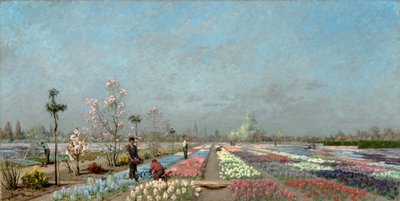 The Hyacinth Fields in Bloom at the Van Houtte Nursery, Ghent with a view of Saint Nicholas’ Church, the Belfry and Saint Bavo Cathedral Beyond by Adrien Louis Demont