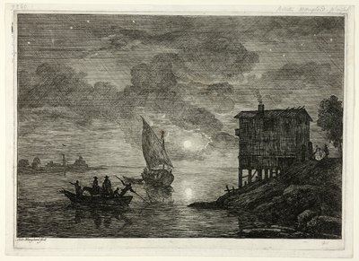 Moonlit Harbor Scene with Ferry by Adrien Manglard