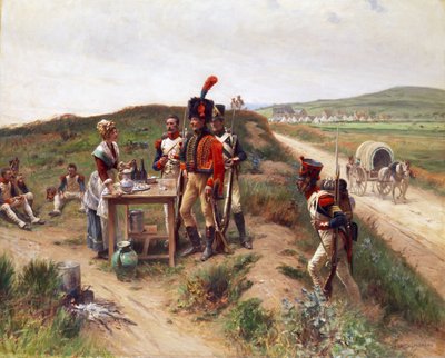Soldiers with a Young Market Woman at Rest by Adrien Moreau