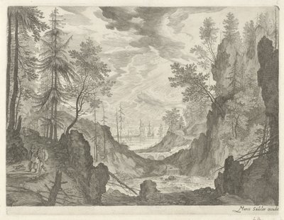 Forest Landscape with Waterfall (series title: Mountain Landscapes from Tyrol) by Egidius  Sadeler (II)