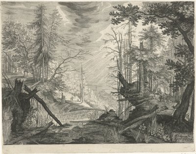 Three Hunters by a River in a Forest by Egidius  Sadeler (II)