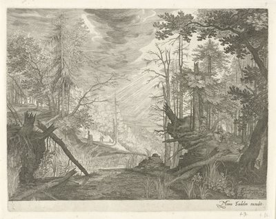 Three Hunters by a River in a Forest by Egidius  Sadeler (II)