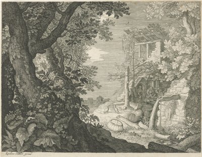 Drinking Men in a Tavern (Six Landscapes series) by Egidius  Sadeler (II)