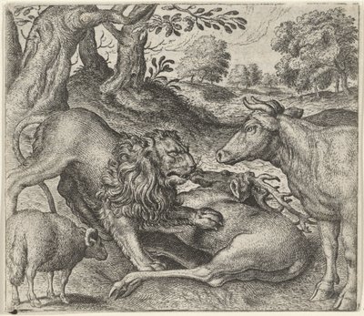 Fable of the Lion, the Cow, and the Sheep on the Hunt by Egidius  Sadeler (II)