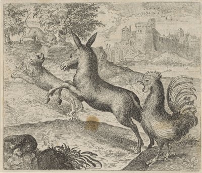 Fable of the Lion, Donkey, and Rooster by Egidius  Sadeler (II)