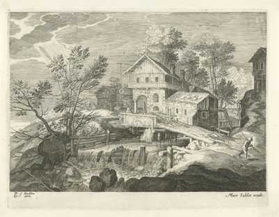 Inn and Several Houses by a Bridge (Landscapes from Tyrol) by Egidius  Sadeler (II)